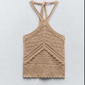 Zara Tan Crochet Knit Halter Top – Boho Festival Style, Size S